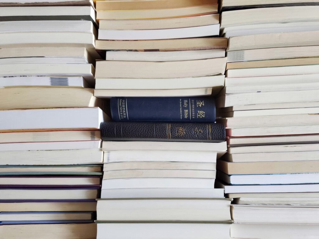 Tall stacks of paperback books with pale spines piled closely side by side