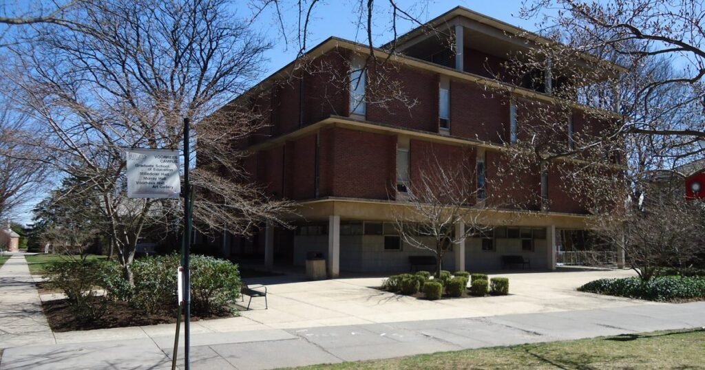 Rutgers University campus building in April
