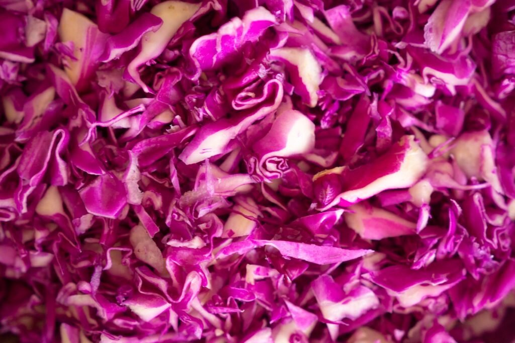 Colorful close-up of fresh, shredded red cabbage, perfect for salads and healthy recipes