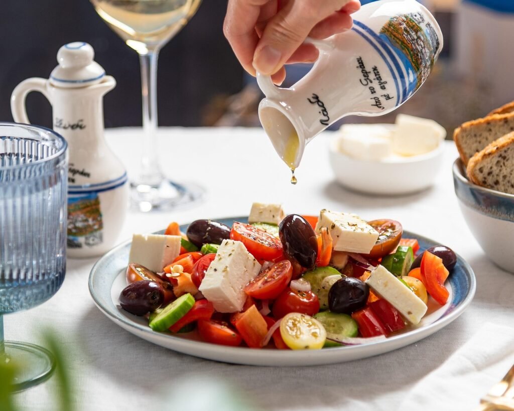 Crumbled feta on a greek salad