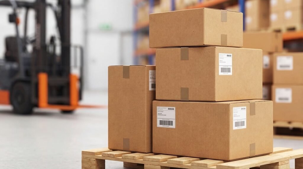 Stacked cardboard shipping boxes