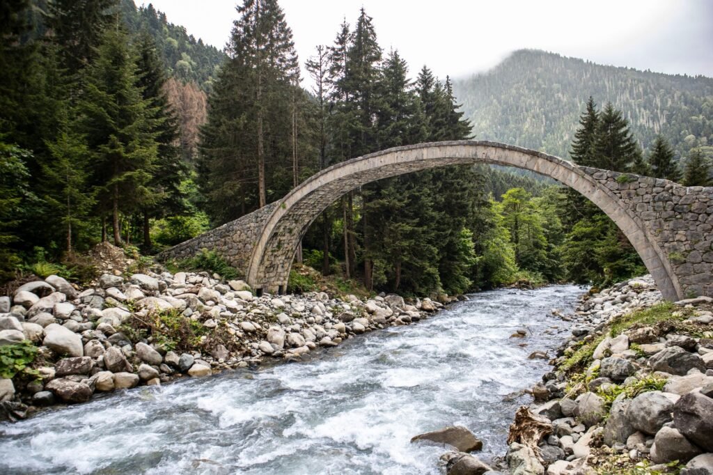 A scenic arched stone bridge spans a river in the lush forests of Rize, Türkiye