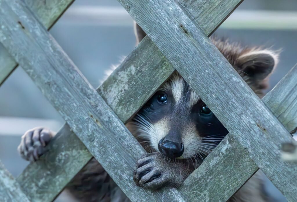 Adorable raccoon peeking through a wooden fence with curious eyes