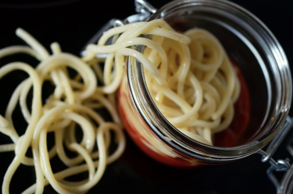 Spaghetti, pasta, glass, mason jar, tomato sauce, container, noodles, meal, food, italian, cook, dish, carb...