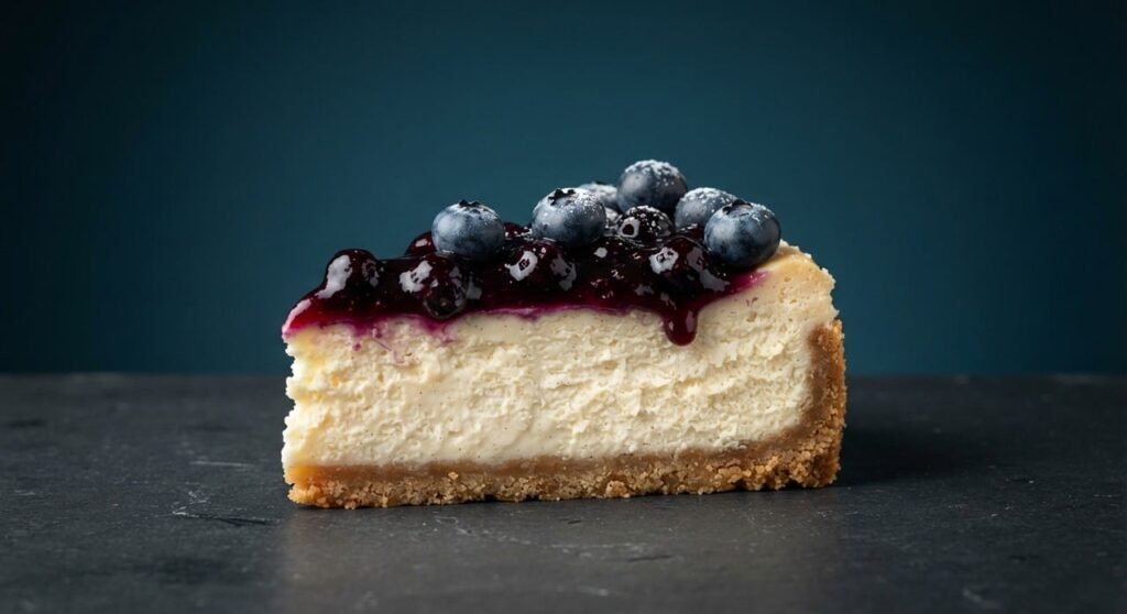 Slice of creamy cheesecake with a graham crust topped with blueberry sauce on a dark surface