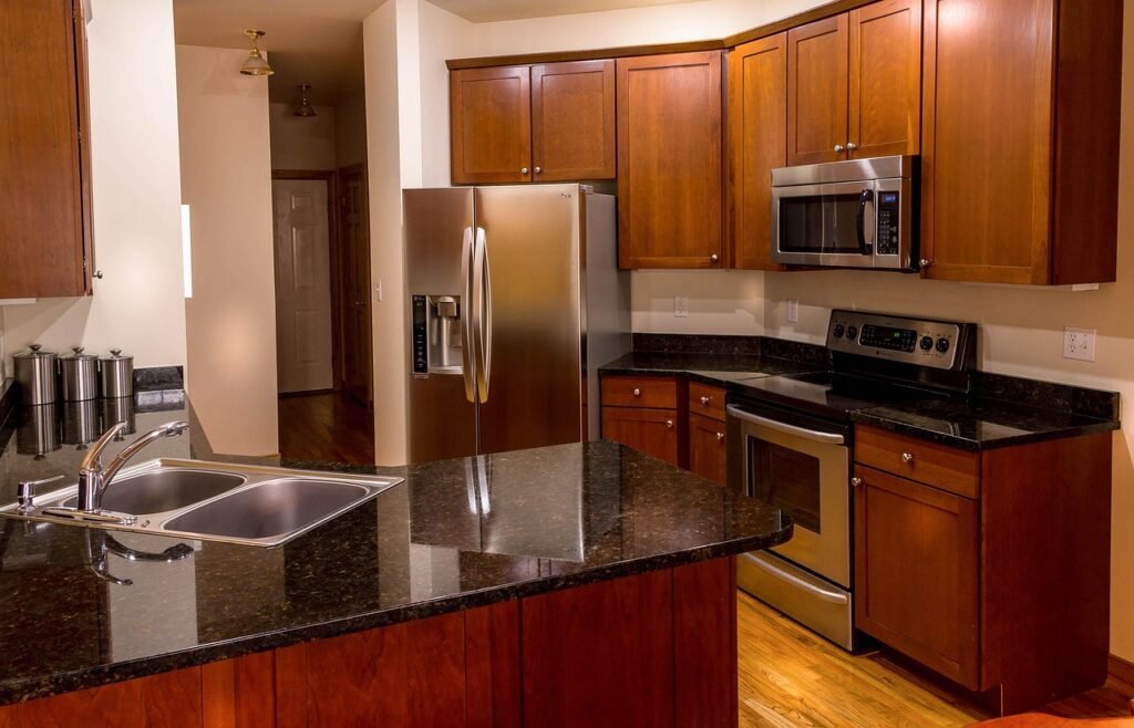 Speckled granite countertop kitchen