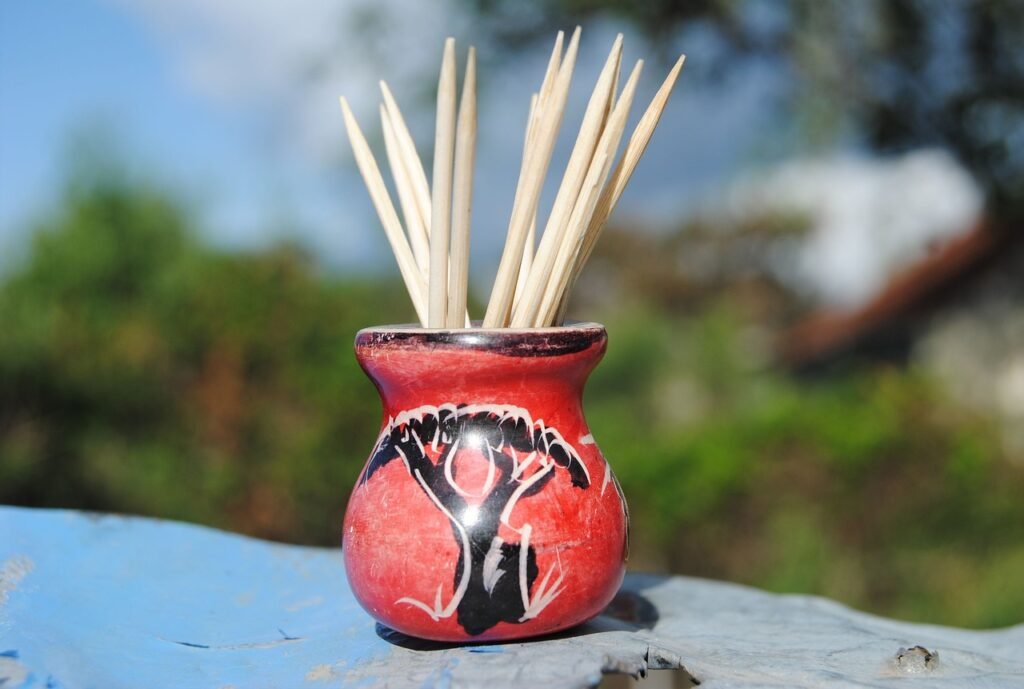 Bundle of wooden toothpicks standing in a small red painted clay pot outdoors