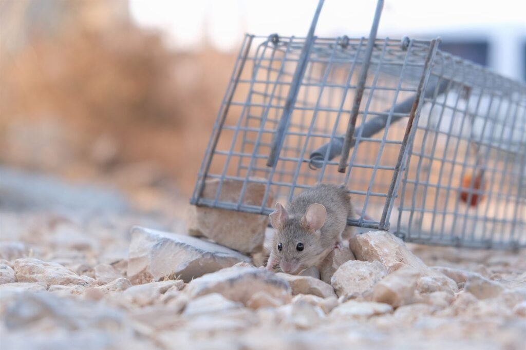 Small gray mouse on gravel beside a wire live catch cage trap