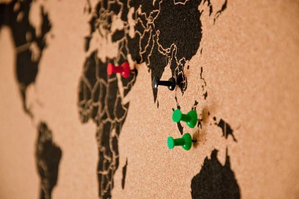 Cork board with a black world map and colorful push pins marking spots