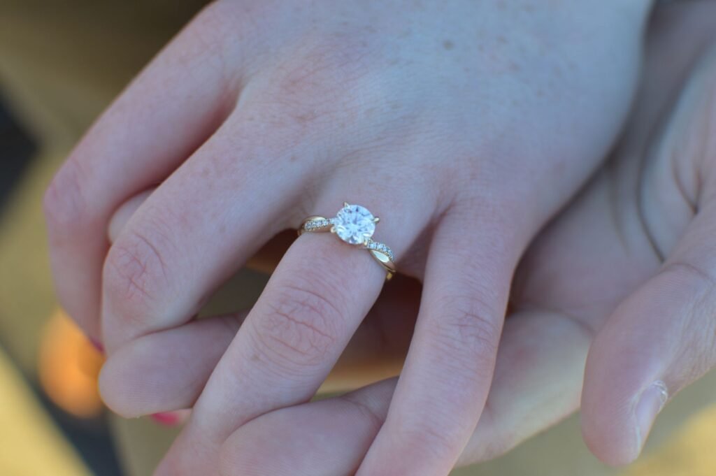 Close view of a hand wearing a sparkling solitaire ring resting on another hand