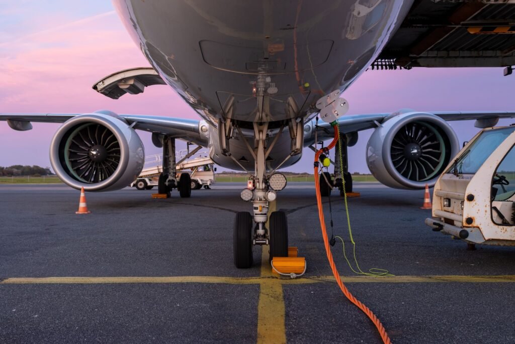 Close-up view of an airplane undergoing maintenance on the tarmac at sunset