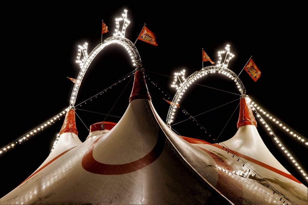 An illuminated circus big top at night