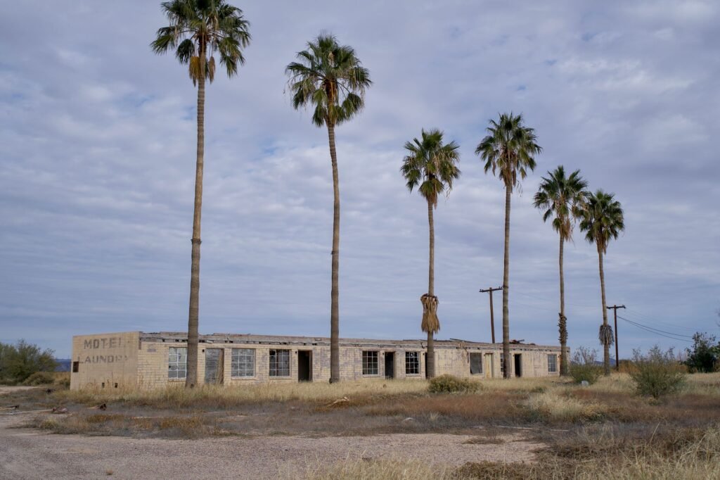 Deserted motel building with tall palm trees under a cloudy sky, evoking a sense of decay