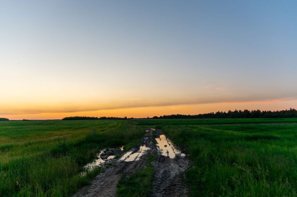 A muddy dirt track running through green farmland under a sunset sky