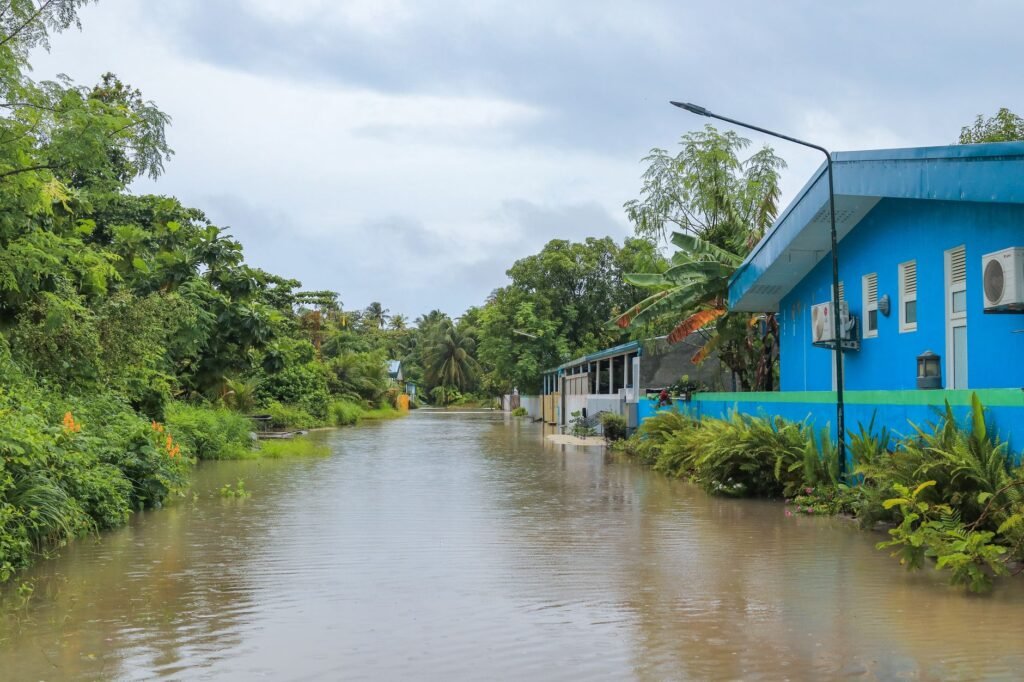 A road submerged under brown floodwater beside green vegetation under an overcast sky