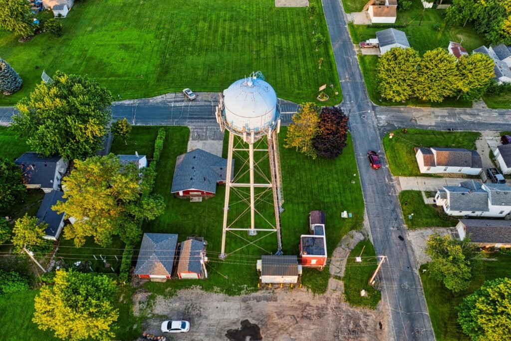 Aerial photograph showing the water tower and nearby residential area in Austin, Minnesota