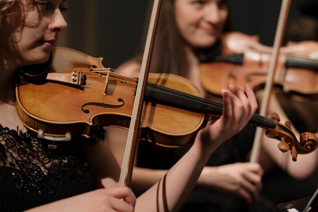 Violinists in black concert clothing playing side by side during a live performance