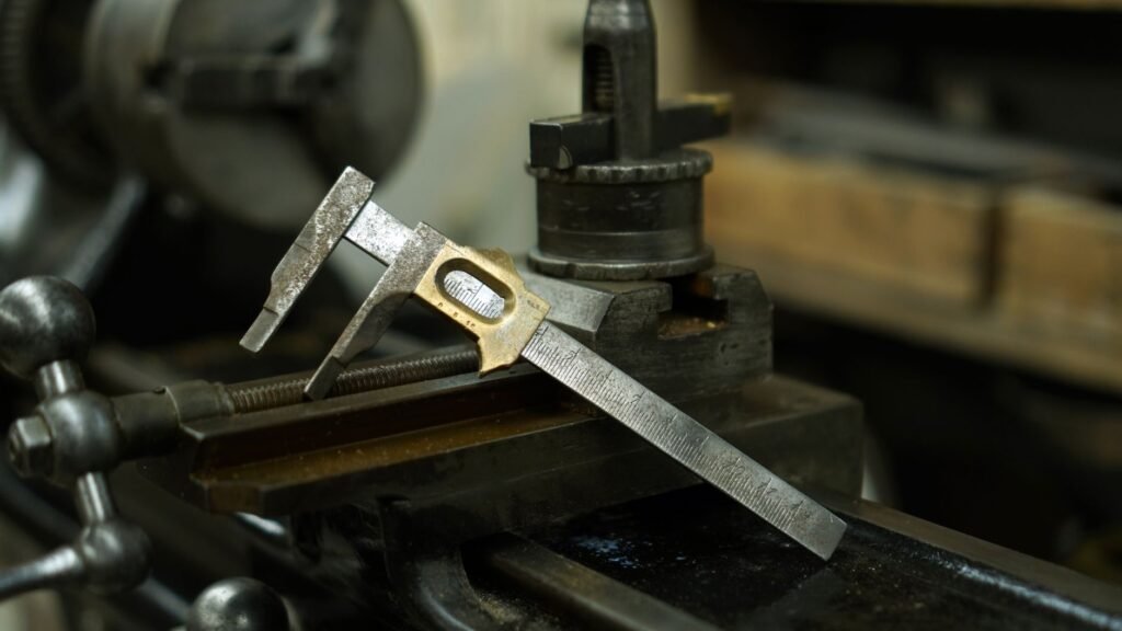 Close-up of a metallic caliper on industrial machinery in a workshop