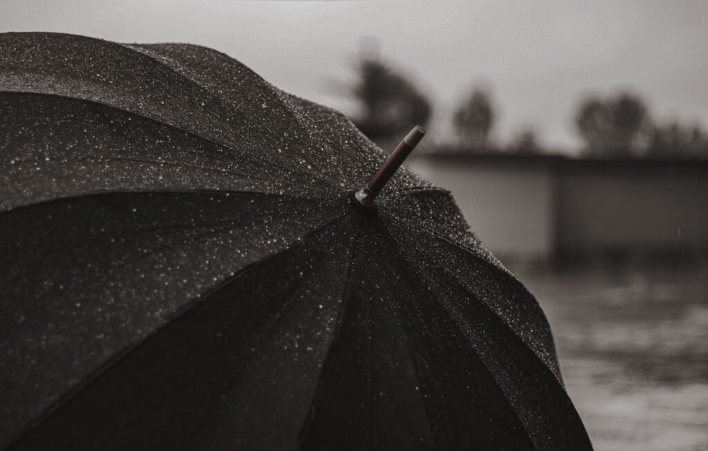 Black umbrella covered in raindrops with a wooden tip on a gray rainy day