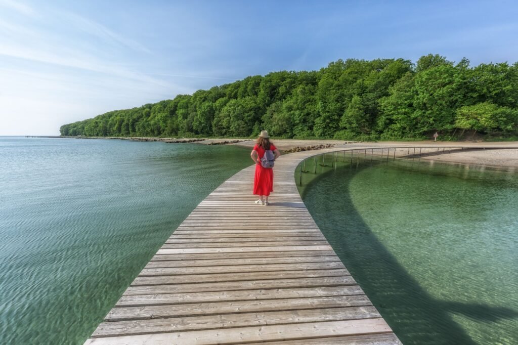 Woman in red clothing walking along a wooden boardwalk beside calm green water and trees