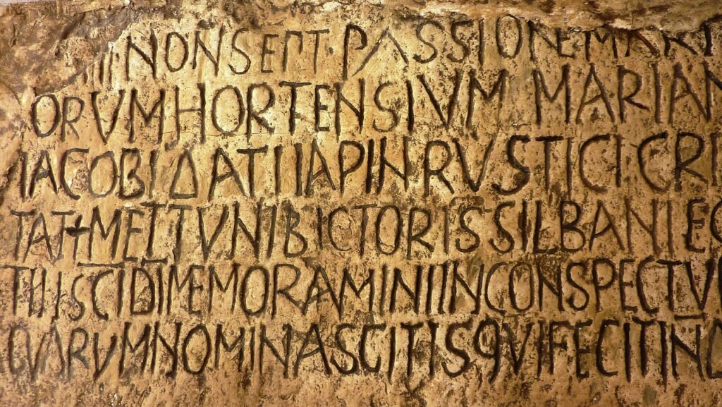 Carved latin inscription on stone wall