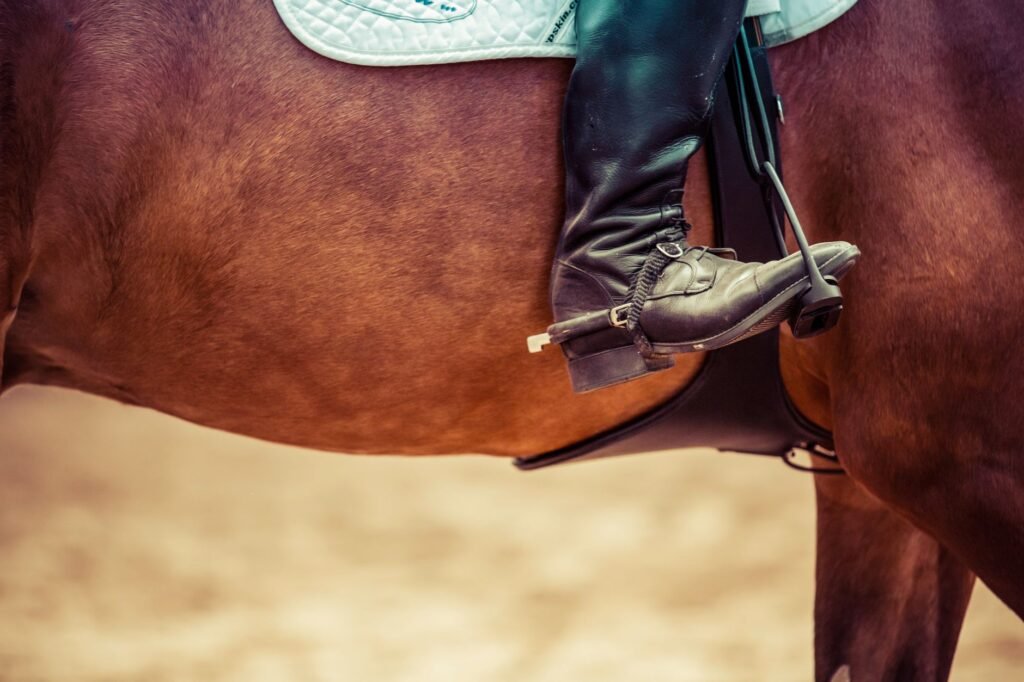 Detailed view of a rider's boot in a stirrup on a horse, showcasing equestrian gear