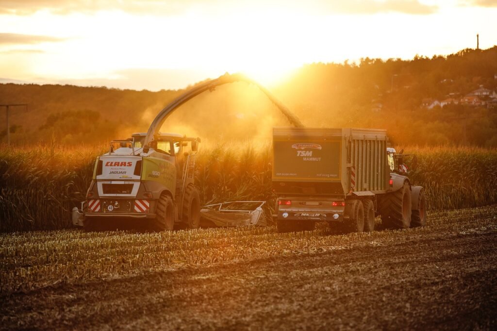 Harvester blowing chopped crop into a trailer across a field at golden sunset