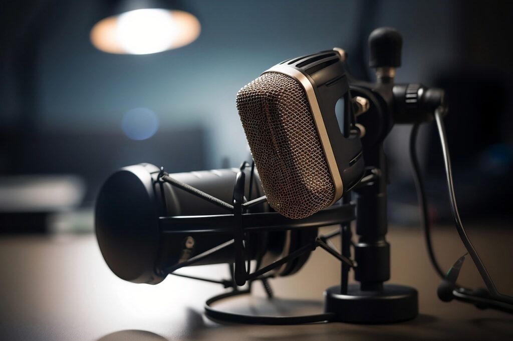 Broadcast microphone in a shock mount on a desk in a dim studio